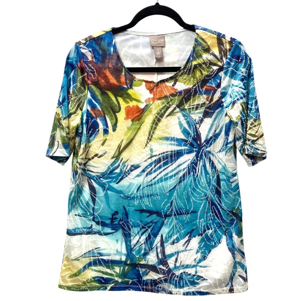 Chico's Tropical Knit T-Shirt/Tunic, Size 1 (Medium), Elbow Sleeve Textured NEW‎